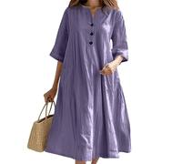 Vestido casual de manga media con cuello en V para mujer, 3 botones, holgado, de algodón, vestido camisero moderno para verano, playa, vacaciones, vestidos de línea, Morado (, S