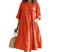 Vestido casual de manga media con cuello en V para mujer, 3 botones, holgado, de algodón, vestido camisero moderno para verano, playa, vacaciones, vestidos de línea, Naranja y rojo., XXL