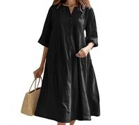 Vestido casual de manga media con cuello en V para mujer, 3 botones, holgado, de algodón, vestido camisero moderno para verano, playa, vacaciones, vestidos de línea, Negro, 3XL
