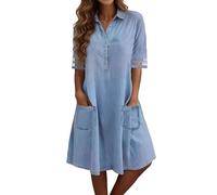 Vestido Casual de Mezclilla para Mujer, Manga Corta, con Botones al Frente, Vestido Camisero Midi Moderno, túnica de Verano Lindo, Corte A, Azul Claro, Talla pequeña