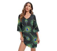 Vestido casual de plumas de pavo real con cuello en V, manga 3/4, vestido de maternidad para fiesta, Plumas de pavo real 2, M