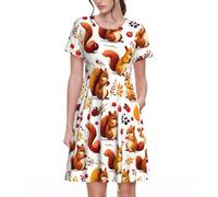Vestido casual de verano de manga corta con estampado de hojas de otoño, día de Acción de Gracias, para mujer, con bolsillos para oficina, Negro -, Large
