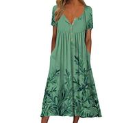 Vestido Casual Mujer AlgodóN Y Lino Vestido Casual Mujer Manga Corta Estampado Floral Cuello Botones Largo Recto Bolsillos Laterales Primavera (Green, XXL)