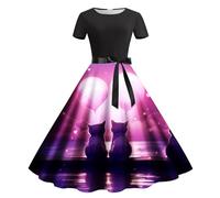 Vestido casual para mujer con estampado de gatos de San Valentín, cuello redondo, manga corta, estilo retro, atuendo elegante, rosa fuerte, XL