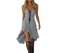 Vestido casual para mujer, cuello en V, con cordones, detalle de lazo, asimétrico, dobladillo fluido, cómodo, uso diario, hogar, primavera, verano, otoño, vestido ligero, talla grande para mujer, gris