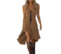 Vestido casual para mujer, cuello en V, con cordones, detalle de lazo, dobladillo asimétrico, cómodo, uso diario, hogar, primavera, verano, otoño, mini vestido, café, L