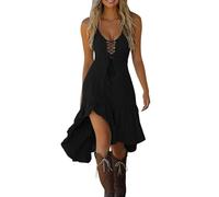 Vestido casual para mujer, cuello en V, con cordones, detalle de lazo, dobladillo asimétrico, cómodo, uso diario, hogar, primavera, verano, otoño, vestido de cintura alta, Negro, M