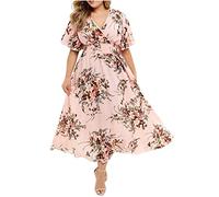 Vestido casual para mujer, elegante, vestido midi de gasa con estampado floral, acampanado, cuello en V, mangas cortas campesinas, cintura elástica, vestido bohemio de otoño, plisado, vacaciones,