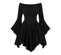 Vestido casual para mujer, hombros descubiertos, dobladillo fruncido, vestido de verano para Halloween, vestido midi bohemio con estampado floral, Negro , M