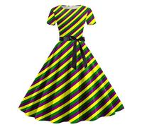 Vestido Casual para Mujer Imprimir Señoras Niñas Verano Vestido de Fiesta de Manga Corta de Manga Larga, con Cuello Redondo, Estampado de Carnaval, Fiesta, Informal