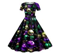 Vestido Casual para Mujer Imprimir Señoras Niñas Verano Vestido de Fiesta de Manga Corta de Manga Larga, con Cuello Redondo, Estampado de Carnaval, Fiesta, Informal