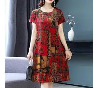 Vestido casual para mujer, retro, talla grande, estampado, manga corta, falda suelta para madre, estilo rojo, L a 5XL, ideal para fines de semana (4XL rojo)