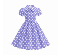 Vestido casual para niñas, vestido vintage de lunares, manga corta abombada, cuello Peter Pan, elegante, vestido acampanado para fiesta escolar, Morado (, 5-6 años