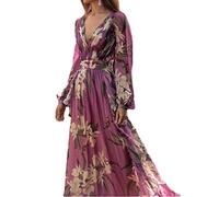 Vestido Casual Vestido de Fiesta de Verano para Mujer, Manga Larga, Cuello en V, Estampado, Tipo Swing Grande, Moda Informal, Vestidos de Mujer morados Lavado a máquina