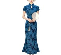 Vestido Cheongsam Elegante para Mujer Azul con Bajo Estilo Sirena Corte Ajustado Largo Qipao | Vestido Midi Oriental con Cuello Mandarín y Escote En Forma De Ojo De Cerradura para Invitada A Boda O