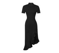 Vestido Cheongsam para Mujer Negro con Volantes Estilo Sirena Qipao con Volantes Abertura Alta Manga Corta Corte Ajustado Estilo Midi Ideal para Citas Cócteles y Eventos Nocturnos.