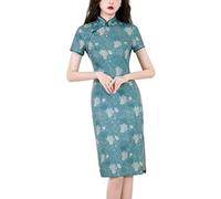 Vestido Cheongsam para Mujer Vestido De Noche Manga Corta Corte Ajustado Estampado Retro Cuello Alto Ajustado Qipao Abertura Lateral Largo hasta La Rodilla Cheongsam para Festival Boda Azul Lago Tal