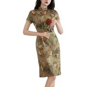Vestido Cheongsam para Mujer Vestido De Noche Manga Corta Corte Ajustado Estampado Retro Cuello Alto Ajustado Qipao Abertura Lateral Largo hasta La Rodilla Cheongsam para Festival Boda Rosa Verde S