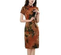 Vestido Cheongsam para Mujer Vestido De Noche Manga Corta Corte Ajustado Estampado Retro Cuello Alto Ajustado Qipao Abertura Lateral Largo hasta La Rodilla Cheongsam para Festival Boda Vintage Marr