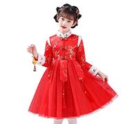 Vestido chino de tul para niñas, bonito patrón de flores, manga larga, vestido tradicional para festivales, Año Nuevo, concurso, concurso, plisado, vestido de tul de malla, rosso, 2-3 años