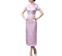 Vestido Chino Largo para Mujer Cheongsam Cuello Mandarín Corte Ajustado Manga Corta Vestido Ceñido Estampado Floral Sexy Abertura Lateral Qipao para Festival Boda Noche Rosa Talla XL