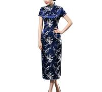 Vestido Chino Largo para Mujer Cheongsam Cuello Mandarín Corte Ajustado Manga Corta Vestido Ceñido Estampado Floral Sexy Abertura Lateral Qipao para Festival Boda Noche Azul Marino Talla XS