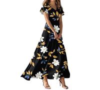 Vestido Coctel Mujer, Vestido Invitada Comunion Vestidos Midi Mujer Vestidos Largo De Manga Corta con Cuello En V Y Estampado Floral Vintage para Estilo Bohemio Ideal para La Playa Ligero De Corte A