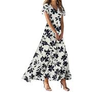 Vestido Coctel Mujer, Vestido Tirantes Mujer Verano Vestidos Midi Vestidos Largo Informal De Manga Corta con Cuello En V Y Estampado Floral para Estilo Veraniego Corte A Ligero Y Elegante Camiseros