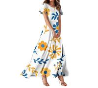 Vestido Coctel Mujer, Vestidos Verano Mujer 2026 Tallas Grandes Vestido Midi Vestidos Largo Elegante De Manga Corta con Cuello En V Y Estampado Floral para Corte En A Estilo Playero Ligero Camisola