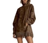 Vestido cómodo de Ante con Cuello Alto para Mujers, con Flecos, Minivestido con Mangas abullonadas, Flecos y borlas y Bolsillos