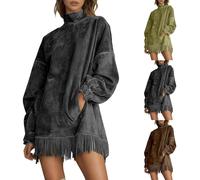 Vestido cómodo de Ante con Cuello Alto para Mujers, con Flecos, Minivestido con Mangas abullonadas, Flecos y borlas y Bolsillos