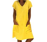Vestido con bolsillos, estilo casual, de algodón, vestido de verano, talla grande, camiseta femenina, vestido de mujer, vestido casual con cinturón para mujer, amarillo, XXL