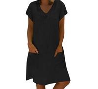 Vestido con bolsillos, estilo casual, de algodón, vestido de verano, talla grande, camiseta femenina, vestido de mujer, vestido casual con cinturón para mujer, Negro, L