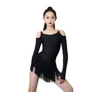 Vestido con borlas para Baile Latino para niñas, Vestidos de competición de Baile de salón, Mangas largas, Ropa de Baile para Fiesta de Samba Tango Rumba Cha Cha,Negro,110