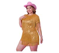 Vestido con borlas Vestido de fiesta morado talla grande, manga corta, cuello redondo, flecos y lentejuelas, minivestido Vestido corto sin mangas con flecos(Gold,4XL)