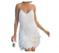 Vestido con borlas Vestido elegante de mujer con flecos y lentejuelas, hombros descubiertos, minivestido ajustado for fiestas navideñas Vestido corto sin mangas con flecos(White,2XL)