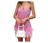 Vestido con borlas Vestido elegante de mujer con flecos y lentejuelas, hombros descubiertos, minivestido ajustado for fiestas navideñas Vestido corto sin mangas con flecos(Pink,XL)