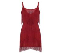 Vestido con borlas Vestido Sexy Con Flecos Y Borlas For Mujer, Minivestido De Fiesta For Discoteca, Graduación, Color Liso, Cuello En V, Elegante Vestido corto sin mangas con flecos(Red 1,S)