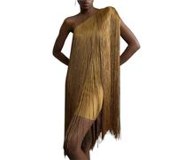 Vestido con Flecos Asymmetric Off Shoulder Slim Tassel Dress Summer Simple Solid Sleeveless Evening Women's Fashion Slanted Neck A-Line para Mujeres(01 Golden,M)