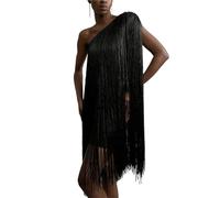 Vestido con Flecos Asymmetric Off Shoulder Slim Tassel Dress Summer Simple Solid Sleeveless Evening Women's Fashion Slanted Neck A-Line para Mujeres(03 Black,XL)