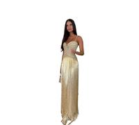 Vestido con Flecos Elegant Gold Sequin Fringe Maxi Dress Women Sexy Spaghetti Strap Sweetheart Neckline Sing Dresses Lady Evening Party Gowns para Mujeres(S)