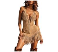 Vestido con Flecos para Mujer Cuello en V con Flecos y Botones Frontales Estilo Vaquero Occidental Y2K Vestido Bohemio Fluido Slim Fit Color Sólido para Fiestas y Tematicas Conciertos