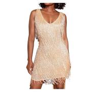 Vestido con Flecos Vestido de Noche sin Mangas con Lentejuelas y Flecos Brillo Brillante(Champagne,L)