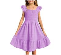 Vestido con mangas de volantes, fluido y fruncido para niñas, cuello cuadrado liso, vestidos plisados con volantes, faldas formales de cumpleaños, ropa, vestidos bohemios para niñas, talla 8-10