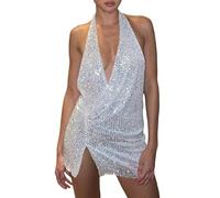 Vestido con purpurina para mujer, elegante y festivo de noche de cóctel, sin mangas, espalda descubierta, cuello en V, con tirantes delgados, vestido de fiesta para fiesta y compañía