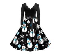 Vestido Cortejo Navideno Estampado Animados Cuello Manga Larga Largo con Cinturón