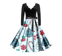 Vestido Cortejo Navideno Estampado Animados Cuello Manga Larga Largo con Cinturón