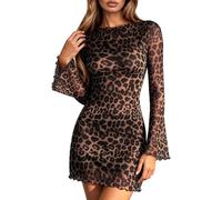 Vestido Corto Ajustado de Malla con Estampado de Leopardo para Mujer, Cuello Redondo y Manga Larga. (Brown, XL)