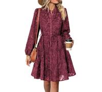 Vestido corto bohemio de manga larga para mujer, cuello alto falso, acampanado, de encaje, color negro, casual, holgado, acogedor, con botones, mini babydoll, Vino, S