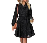 Vestido corto bohemio de manga larga para mujer, cuello alto falso, acampanado, de encaje, color negro, casual, holgado, acogedor, con botones, mini babydoll, Negro, L